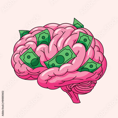 Brain with money bills representing financial intelligence and wealth.