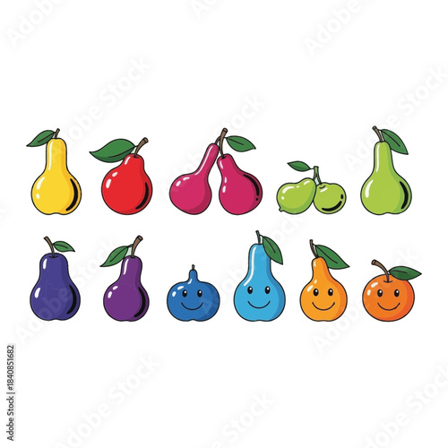Collection of colorful cartoon fruits with happy faces isolated on transparent background isolated on white background