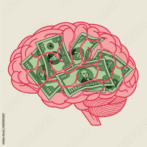 Brain filled with money representing financial thoughts and ideas.