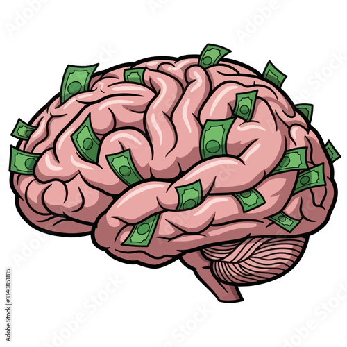 Brain covered in money representing financial intelligence and wealth.