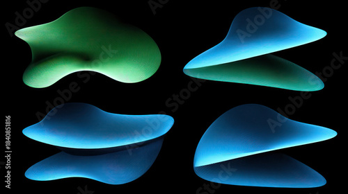 Abstract Sculpted Shapes in Green and Blue on Black