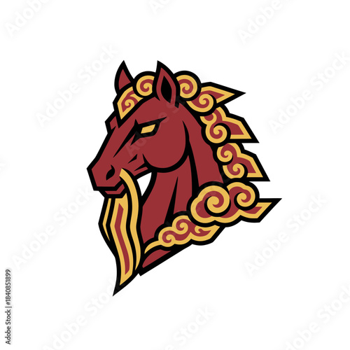 Powerful Mythical Horse Head Graphic Illustration with Traditional Eastern Cultural Elements