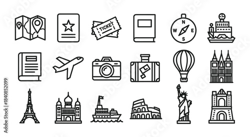 Travel Icons Set - World Landmarks and Essential Travel Items.