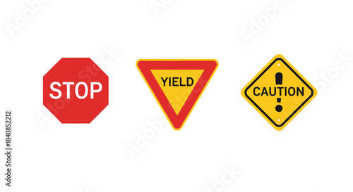 Three Isolated Traffic Signs - Stop, Yield, and Caution, with Bold Text.