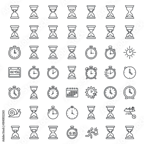 Time-related icons - hourglasses, clocks, timers, and calendars in a minimalist line art style.