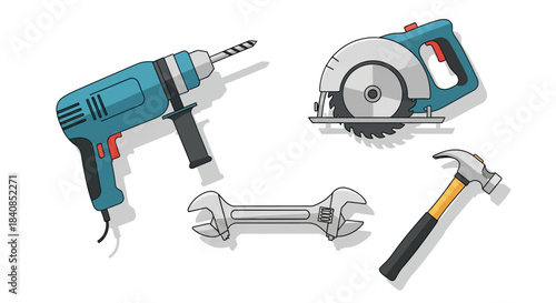 Tools for Construction and Repair - Drill, Saw, Wrench, and Hammer.