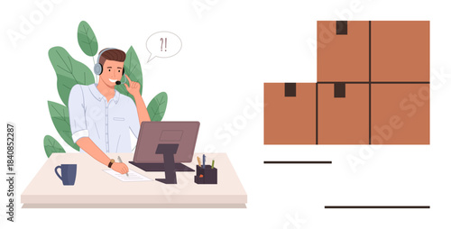 Man with headset working on laptop, discussing package delivery concerns cartons stacked. Ideal for customer service, logistics, shipping, e-commerce, communication, troubleshooting, business simple