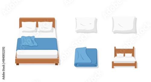 Top View of Bed with Pillows and Blanket Illustration.
