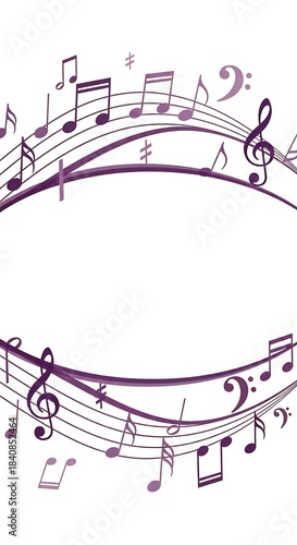 Purple musical notation flows across curved staves creating a decorative frame design