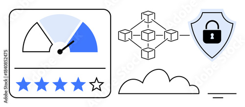 Blockchain security. Blockchain interconnected network ensures secure data exchange. Blockchain illustrated alongside cloud computing, shield with lock, and rating indicator. For fintech