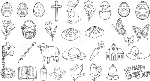 Easter Holiday Black  White Line Art Icons Set - Collection of Celebration Symbols, Religious Elements, and Spring Doodles for Graphic Design and Web Assets
