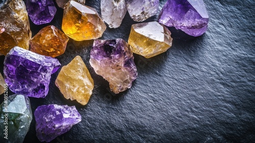 Abstract composition of rough, uncut gemstones (amethyst, citrine, quartz), scattered on a dark slate surface, raw beauty, dramatic lighting