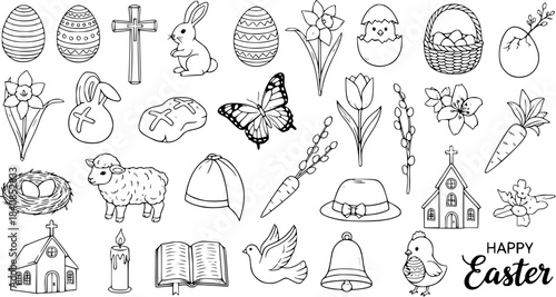 Black and White Line Art Vector Icons of Easter Symbols for Holiday Design - Eggs, Bunny, Cross, Chicken, Flowers, Basket, Church, Sheep