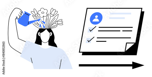 Woman watering flowers on head symbolizing personal growth, alongside checklist. Ideal for self-improvement, development, career growth, goal setting, personal investment, learning, achievement