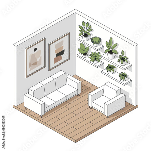 Isometric Living Room with Sofa, Armchair, and Potted Plants on Shelves.