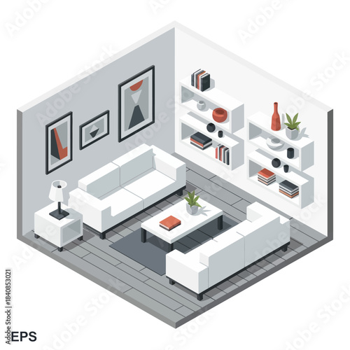 Modern Living Room Interior Design with White Furniture and Artwork.
