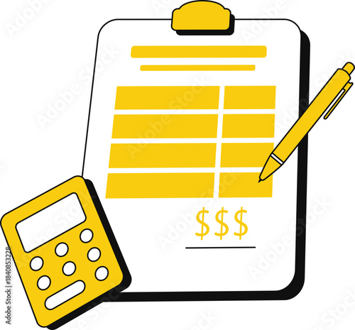 Financial planning and accounting illustration with calculator, document, and pen, symbolizing budget management and expense tracking