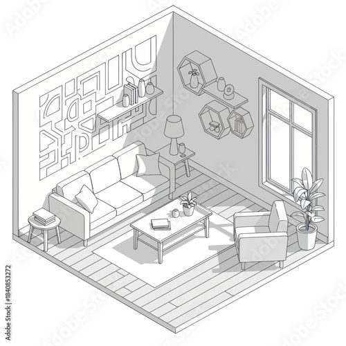 Isometric living room interior design sketch with modern furniture.