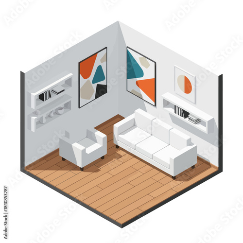 Modern Living Room with White Furniture and Abstract Art.