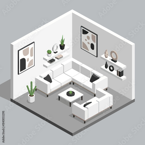 Modern Isometric Living Room Interior Design with White Furniture and Art.