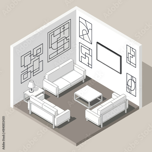 Isometric Living Room Interior with Modern Furniture and Abstract Art.