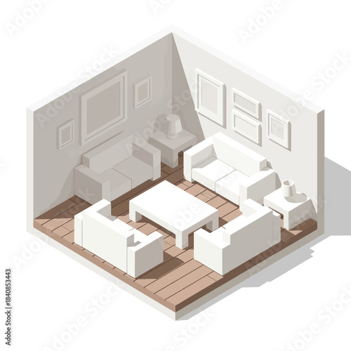 Modern Living Room Furniture Arrangement Isometric View.