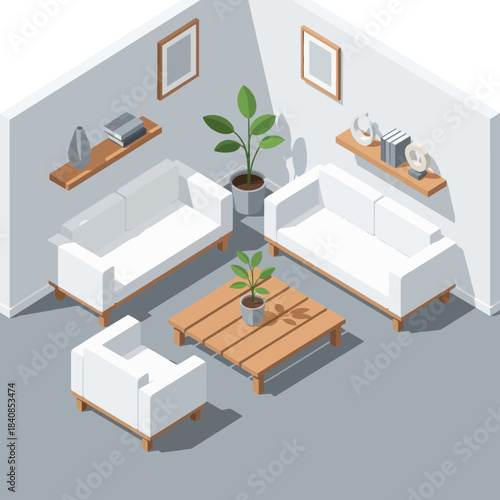 Modern Living Room Furniture Arrangement with White Sofas and Armchair.