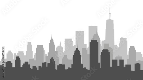 Monochrome City Skyline Silhouette with Skyscrapers and Towers