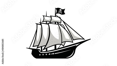 Vintage pirate ship illustration with sails and skull flag