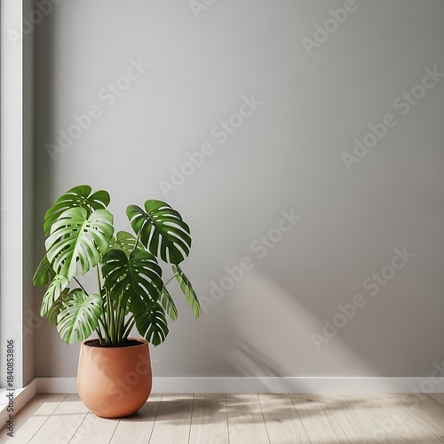 Lush potted tropical foliage sits against a minimalist gray interior wall receiving sunlight