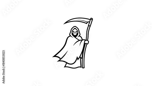 Minimalist Grim Reaper Illustration with Scythe on White Background