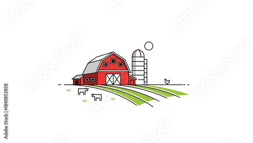 Minimalist illustration of a red barn with silo and farm animals