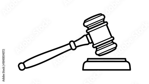 Black and white line drawing of a judge's gavel and block