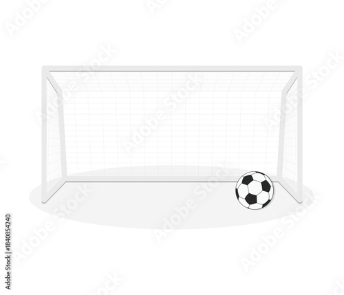White goal frame with netting and a classic black and white football resting on the ground near the post.