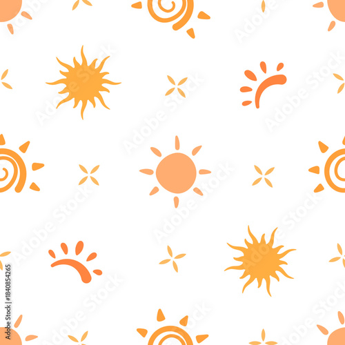 Flat seamless background with sun shapes and sunscreen, cosmetic pattern ideal for summer protection. Sunblock, logo, skin, spf concept. Bright summer flat seamless pattern for cosmetic packaging and