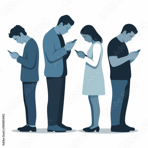 bowed heads and glowing screens: stylized figures in monochrome blue lost in digital trance of modern isolation