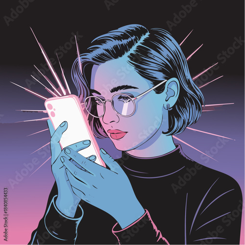 focused gaze meets glowing screen: stylized figure bathed in radiant light from smartphone in digital dreamscape