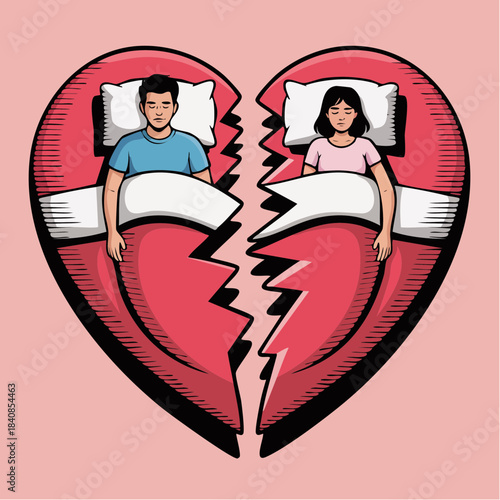 split heart slumber: lovers lie apart in bed divided by heartbreak and quiet emotional distance
