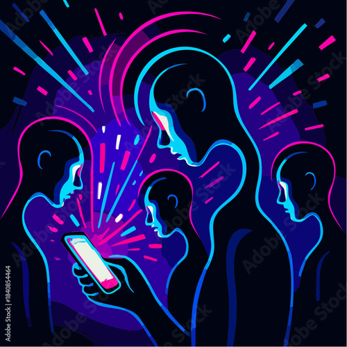 digital trance: glowing figures captivated by smartphone light in stylized neon illustration of tech influence
