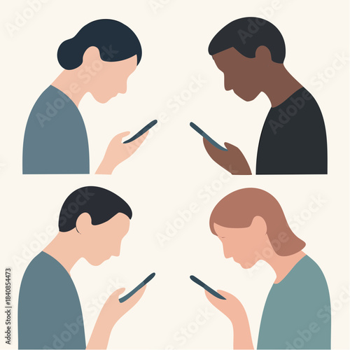 four bowed heads in profile glow with screenlight, lost in stylized trance of digital absorption and quiet disconnect
