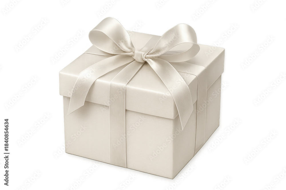 Fototapeta premium White gift box with a satin ribbon and bow, symbolizing celebration, surprise, and special occasion presents