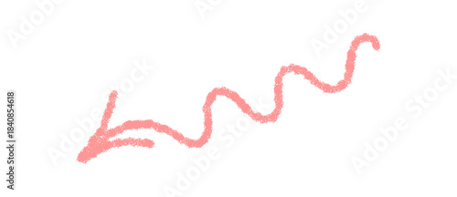 Hand drawn pastel pink wavy arrow with a crayon stroke and sketch texture. Down pointer element with rough line, creative arrow for abstract art, decor, card or label design.