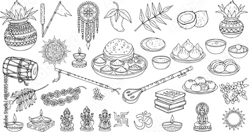 Indian Festivals  Culture Line Art Icons Set. Hand-drawn Black and White Traditional Hindu Religion Symbols, Objects,  Food Doodles. Diwali, Ganesh Chaturthi, Puja Elements Vector Illustration.