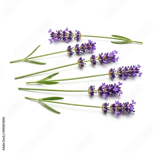 Several fresh lavender stalks are arranged diagonally on a clean white background