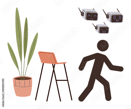 Person walking past a tall chair and potted plant as three cheerful flying robotic devices hover above. Ideal for technology, innovation, AI, smart living, futurism, modernity, simple flat metaphor