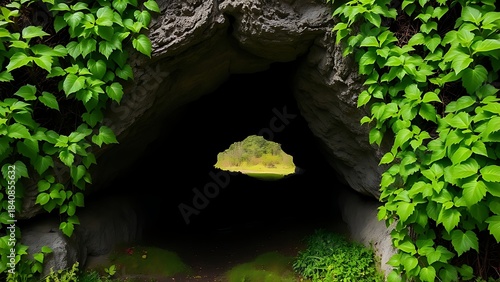 oligarchy. Entrance to an underground cave framed by green vines, dark interior contrasting with bright spring landscape. travel magazines.