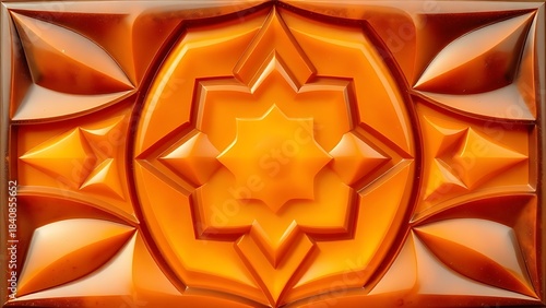 bakelite. Amber bakelite material with geometric patterns forming a retro design, abstract composition. product launch decks, UI/UX mockups, designed for product launches and innovation pitches.