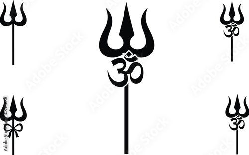 Hindu Trishula (Trident) and Om Symbol Silhouette Icon Set, Lord Shiva, Religion, Spirituality, Culture, and Indian Tradition
