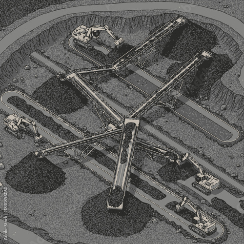 Aerial view of a large-scale mining operation with heavy machinery.