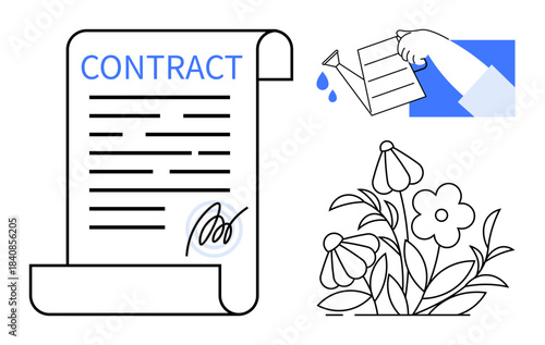 Business growth, agreements, legal services, partnership, sustainability, nature. A signed contract, a hand watering flowers a blooming garden. Business growth and agreements concept